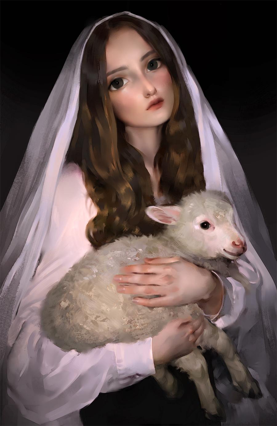 Finished portrait of a young woman in a white veil holding a lamb