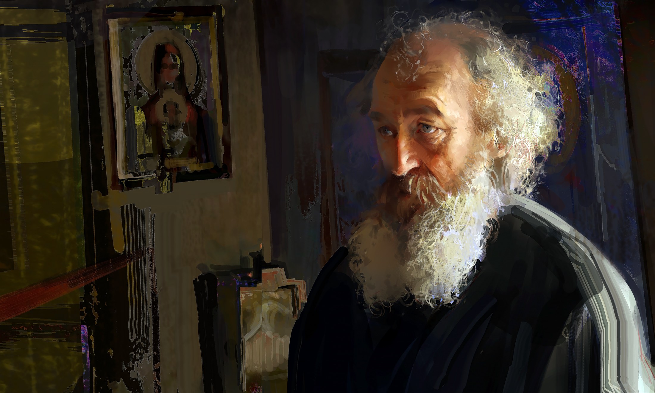 Digital portrait of an old man with a white beard